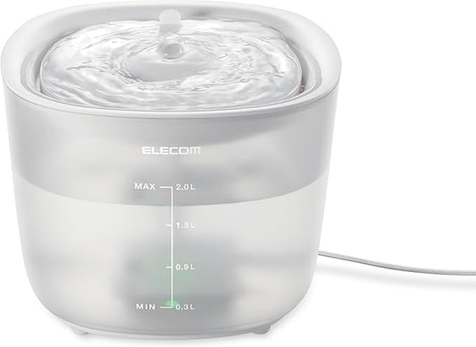 ELECOM Silent Pet Water Fountain for Cats and Dogs, 9dB Ultra Quiet Operation, 2L Capacity, Easy to Disassemble & Clean, 3-Layer Filtration, Wireless Pump, LED Light Modes (White)