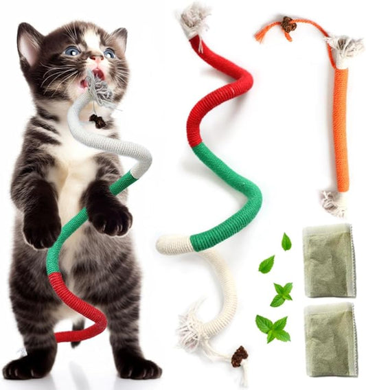 Kittens Toys，Cat Chew Toys for Indoor Cats, Catnip Toy for Teeth Cleaning, Interactive Cat Nip Teething Rope Toys for Cats Kitty, 2 Pack (27.56&7.87 inches，Plus 2 Packs of Catnip)