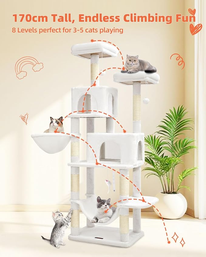Taoqimiao Cat Tree, 66.2-Inch Cat Tower for Indoor Cats, Plush Multi-Level Cat Condo with 12 Scratching Posts, 2 Perches, 2 Caves, Hammock, 2 Pompoms, Cream White MS013C