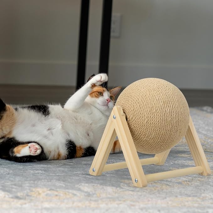 Sisal Rope Cat Scratching Ball - Cats Scratching Toy Kitten Interactive Wood Scratcher Pet Supplies - Brown Pet Scratcher Board Toys for Indoor Outdoor Multi-Occasion Use, 8.7x7.1x6.3in