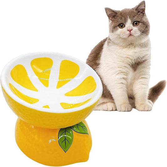 Hamiledyi Ceramic Raised Cat Bowl 5In Elevated Wide Cat Bowl for Food and Water Anti Vomiting Tilted Pet Feeder Dish for Indoor Cats and Small Dogs(Lemon)