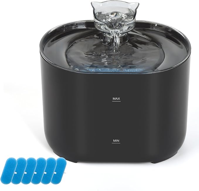 Meill Cat Water Fountain, 75Oz/2.2L Dog Water Bowl Dispenser with Filter Indoor for Small Pets, Automatic Shut-Off for Low Water Level, Water Level Visible, Ultra-Silent, 6 Filters, Black