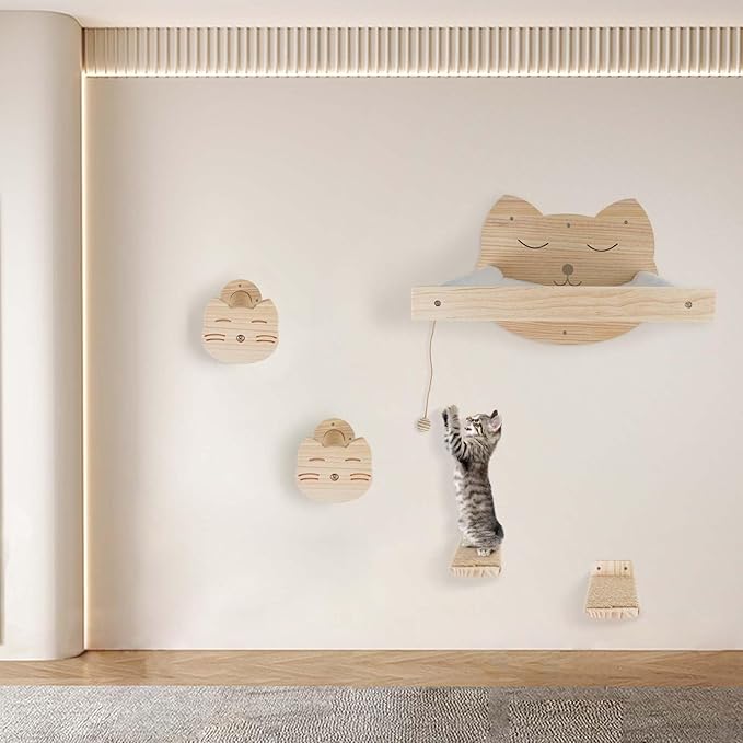 Cat Wall Shelves with 4 Step Scratch Post & Hammock Bed Wooden Floating Climbing Furniture for Sleeping and Playing Indoor Cat Climbing Shelf Corner Shelf Perches Support 20 LBS