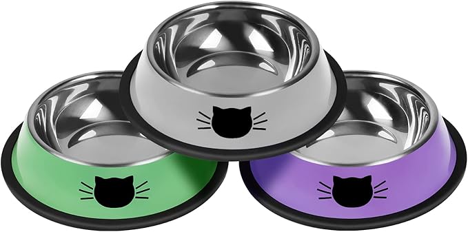 3Pcs Cat Bowls, Non-Slip Stainless Steel, 7 Oz, Suitable for Indoor Pets, Removable Rubber Base, Lovely Color