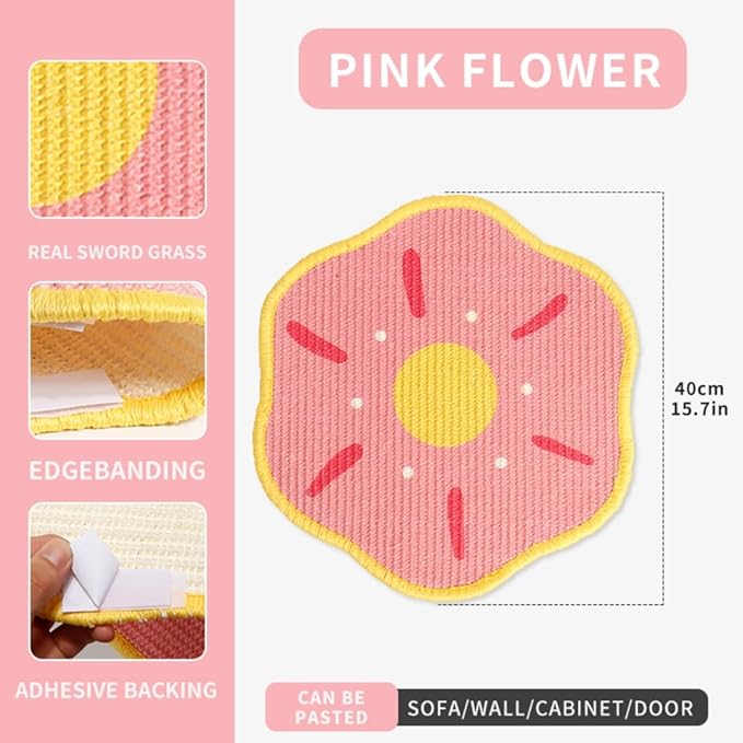 Sisal Cat Scratching Mat – Anti Scratch Furniture Protector for Walls, Couches, Cabinets, Doors & Carpet, 15.7x15.7 Inch, Shedding-Resistant Cat Scratcher with Hook and Loop Fastener (Pink)