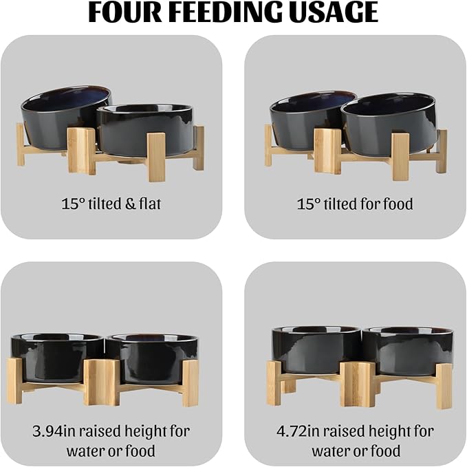 SPUNKYJUNKY 15° Slanted Ceramic Dog and Cat Bowl with Wooden Stand, Tilted Bulldog Food and Water Bowl No Slip Non-Spill for Cats Medium Dogs Big Face Pets 28.7 OZ (3.6 Cups, Starry Blue × 2)