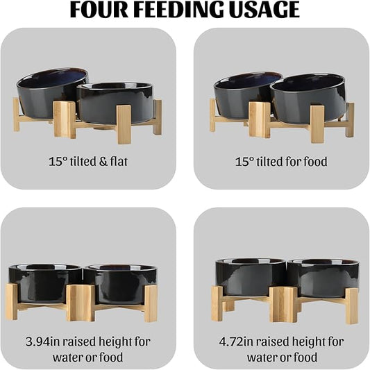 SPUNKYJUNKY 15° Slanted Ceramic Dog and Cat Bowl with Wooden Stand, Tilted Bulldog Food and Water Bowl No Slip Non-Spill for Cats Medium Dogs Big Face Pets 28.7 OZ (3.6 Cups, Starry Blue × 2)