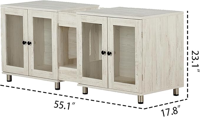 Double Cat Litter Box Enclosure for 2 Cats,Modern Double Litter Box Furniture with 7 Colors LED and Built-in Power Outlet,Large Cozy Cat Home,4 Glass Doors for Better Viewing, (White)