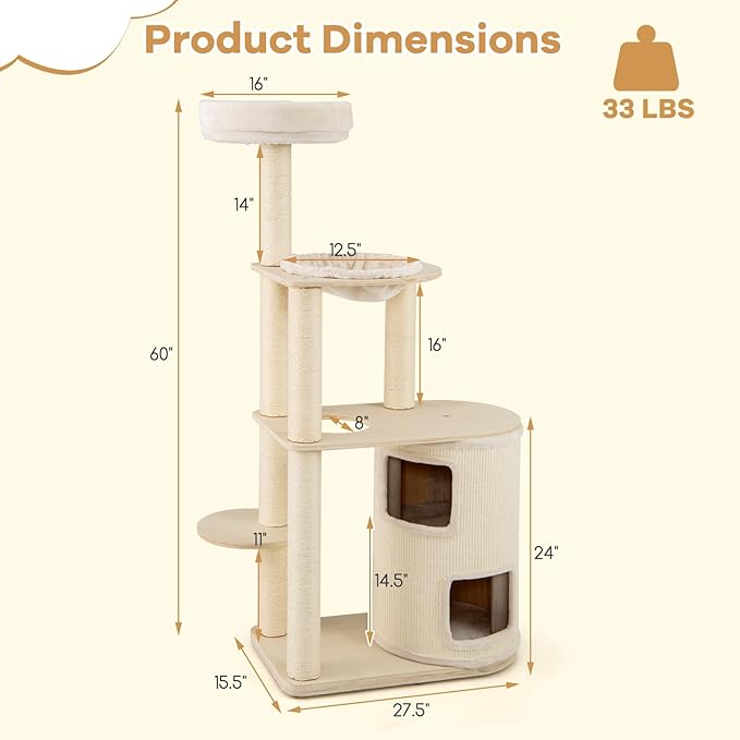 Tangkula Cat Tree Tower, 60 Inch Multi-Level Modern Wooden Cat Tower with 2-Story Condo, Sisal Scratching Posts & Mat, Perch, Hammock, Washable Plush Cushion for Indoor Cats Large Adult