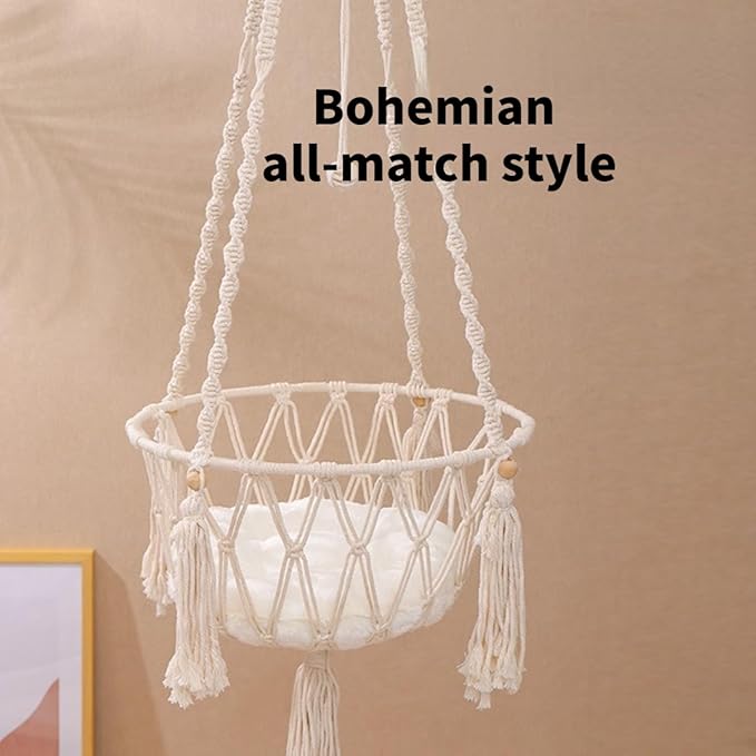 Cat Hammock, Handwoven Hanging Boho Cat Bed with Hanging Kit for Indoor Outdoor Home Decor Hang Cat Swing Beds with Cushion