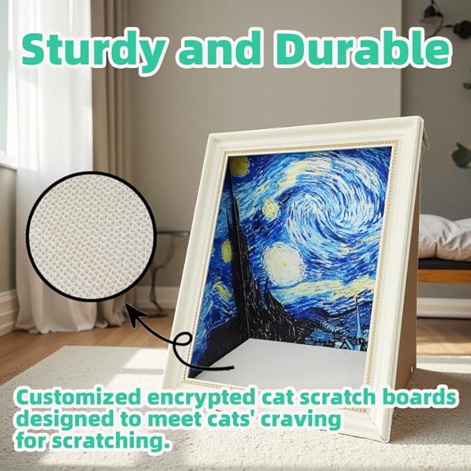Oil Painting Cat House with Scratcher,Cat Bed Art Picture Frame Scratching Board Playing Tent Box, Assemble Kitty Couch Cave Condo Creative Pets Furniture - Kitty Living in Famous Painting