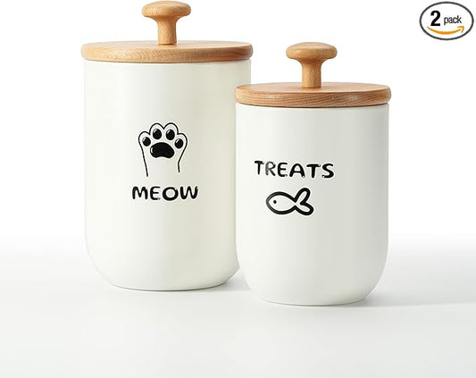 Cat Treat Container with Airtight Lid, Cat Food Oganizer Dry Food, Cat Food Storage Containers, Pet Treats Canister, Cat Treat Jar Set of 2-8.3x4.9 & 7.1x4.3 (White)