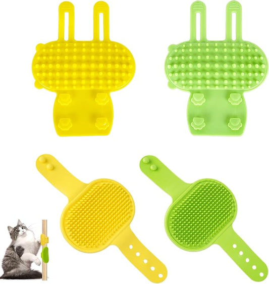4PCS Cat Self Groomer Silicone, Cat Corner Chin Scratcher, Rubber Face Grooming Brush for Indoor Cats, Self Groomer Wall Brush for Sofa Table Legs Scratching Post Use Pet Supplies, Green Yellow