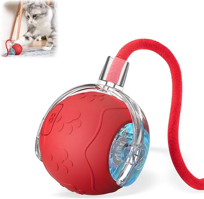 Interactive Cat Toys Ball for Indoor Cats, 2025 New Automatic Rolling Pet Balls with Rope, Three Modes Adjustment, Rechargeable Cat Enrichment Toys (Red)