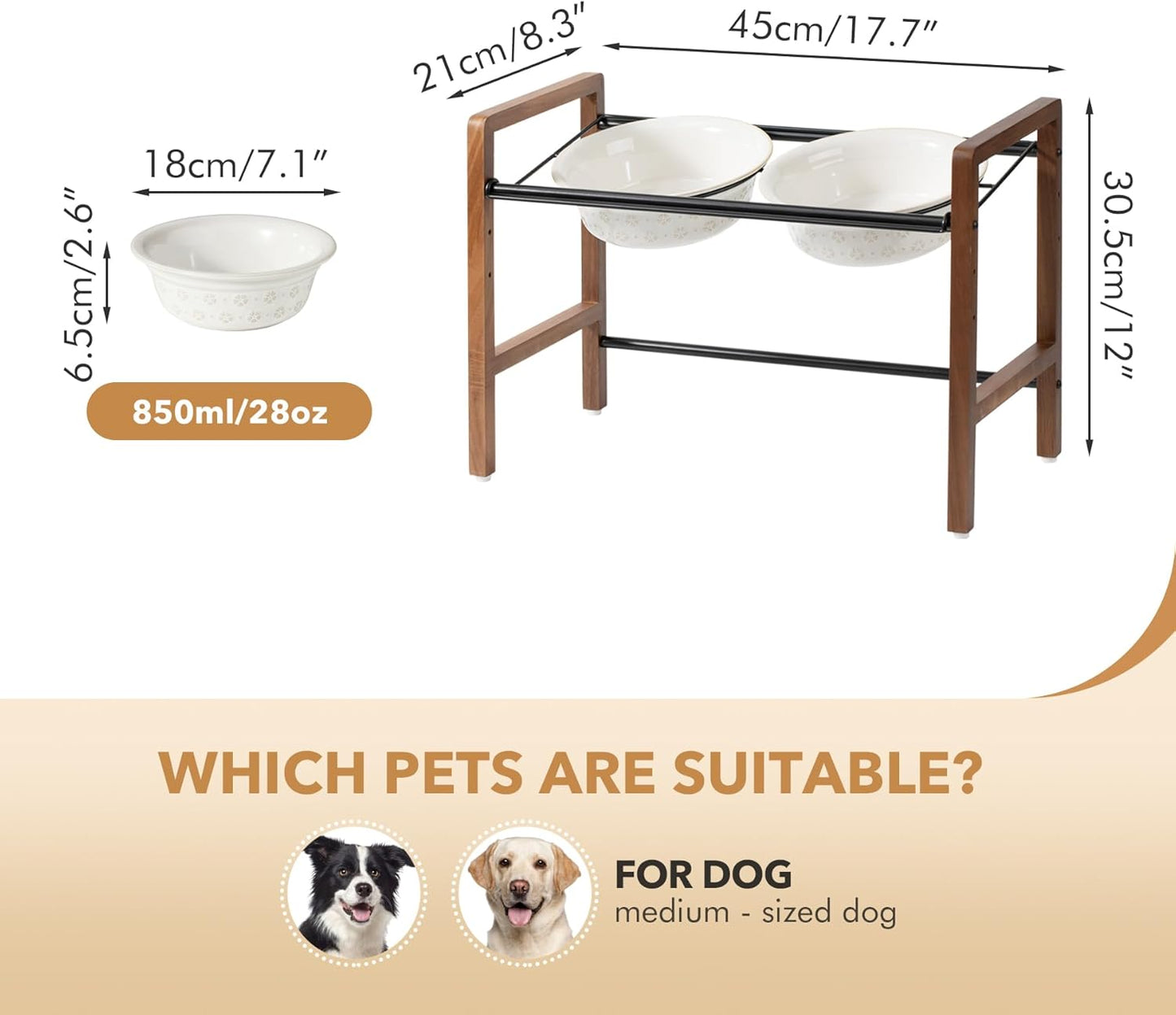 7.1inch Ceramic Adjustable Raised Double Bowls Set with Stand, 3 Heights Elevated, 2 Placement Options,Food and Water Bowls for Medium and Large Dog(Reactived Glaze -White)
