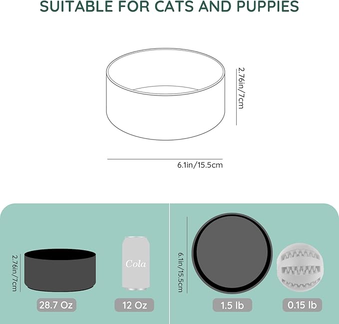 SPUNKYJUNKY 28.7OZ Ceramic Dog and Cat Bowl, Modern Cute Weighted Food Water Bowl for Replacement Black (1 Pack)