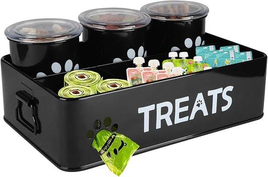 28oz Metal Dog Treat Container Set of 3,Dog Treat Jars with Airtight Lids,Cat Treat Jar,Dog Treat Canister for Countertop,Coated Galvanized Steel Dog Treats Station-Black