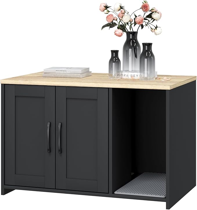 Cat Litter Box Enclosure, Hidden Litter Box Furniture with 2 Doors,Wooden Cat Washroom Indoor, Freestanding Cabinet for Living Room,Hallway,Black