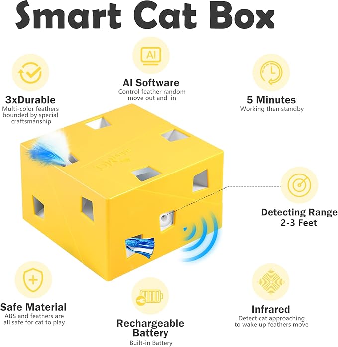 Migipaws Automatic MigiBox Plus Cat Toys 3 n1 Interactive Pounce Mystery Under PopSkin 12 Holes Cardboard Kitten Toys for Indoor Rechargable 8 Accessories(Yellow)