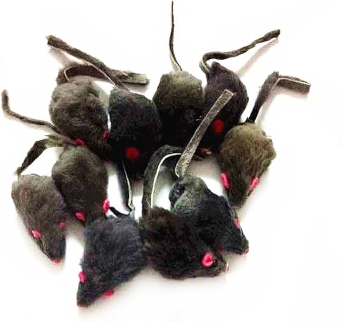 emours 12 Piece Pack Rattle Furry Mice Cat Toy Realistic Fur Mice Toys, Grey