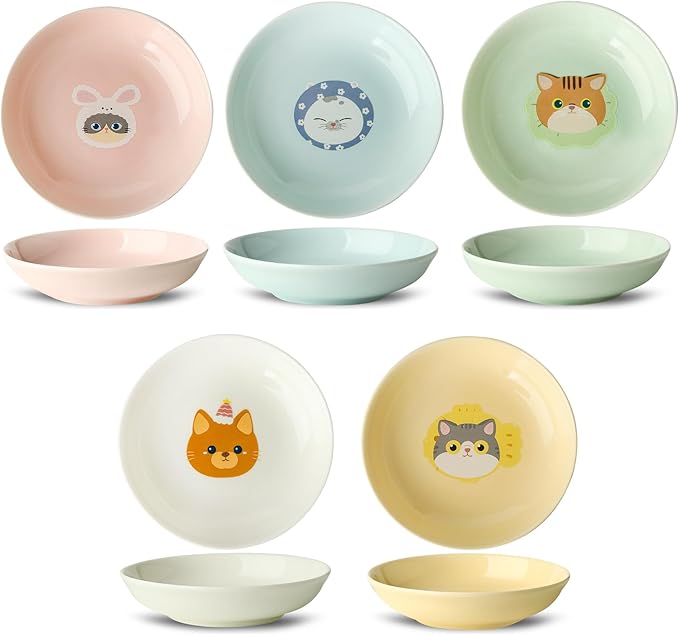 Ceramic Cat Bowls Set - 5.5 inch Cat Food Bowls Whisker Fatigue Friendly, 5 Wide Cats Plates for Wet Food Dry Food Water