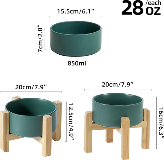 Ceramic Raised Dog and Cat Bowl Set, 2 Heights Elevated Stand, Food and Water Bowl for Small Breed Dogs, Weighted Dog Dishes, Pet Bowl(6.1'',28.7oz, Green)