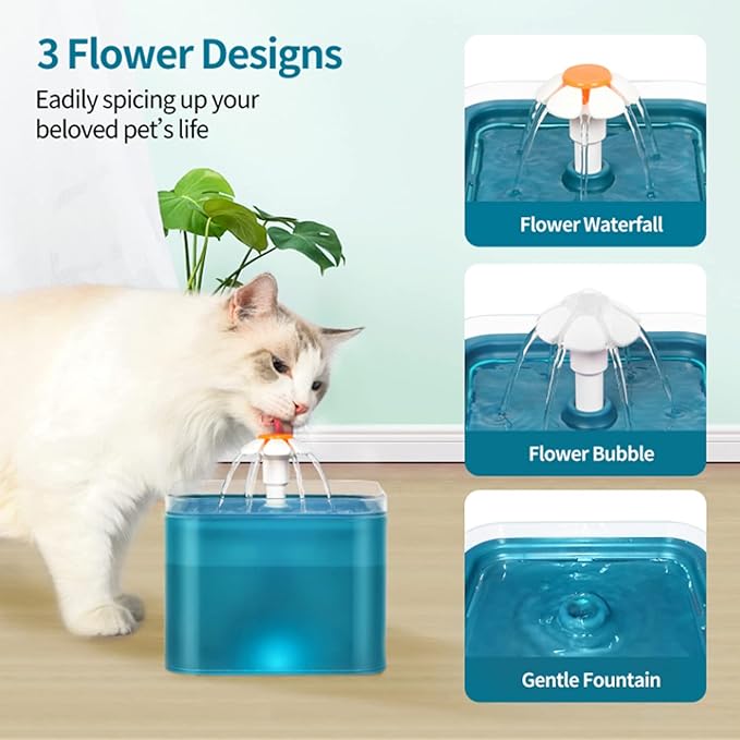 Cat Water Fountain Pet Water Fountain with LED Light, 67oz/2.0L Large Capacity, Cat Water Bowl 3 Flowers Designs & Silent