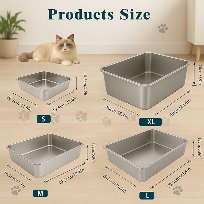 FELIO Stainless Steel Cat Litter Box - XL Metal High Sided Cat Pan, 23.6" L×15.7" W×7.9" H, Splash-Proof and Non-Stick Cats Poop Box odorless, Easy to Clean for Big Cats, Rabbit, Dog, Ferret