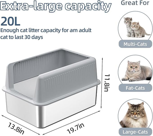 2PACK Stainless Steel Cat Litter Box with Lid,19.7” L x 13.8” W x 11.8”H Deep,Large Metal Litter Box with High Side,for Small and Large Cats,Anti-Leakage Non-Sticky Include Litter Scoop