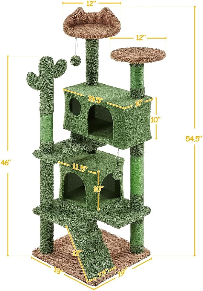 Yaheetech Cactus Cat Tree, 54.5in Tower w/Ramp, Animal-Ear Shaped Perch, Scratching Posts, Platform & Hanging Ball, Multi-Level Condo for Indoor Kittens, Green/Brown