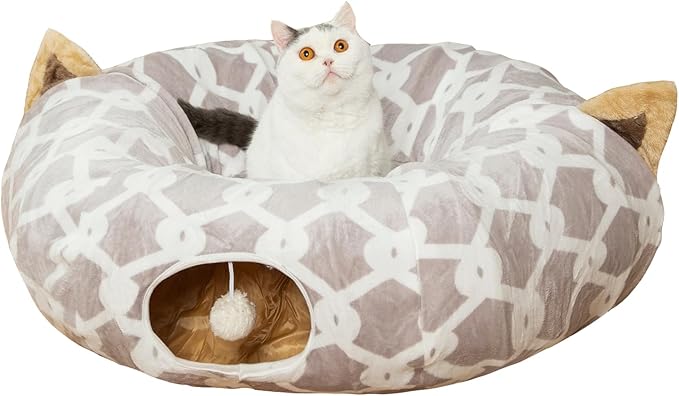 LUCKITTY Large Cat Tunnel Bed with Plush Cover,Fluffy Toy Balls, Small Cushion and Flexible Design- 10 inch Diameter, 3 ft Length- Great for Cats, and Small Dogs, Gray Geometric Figure