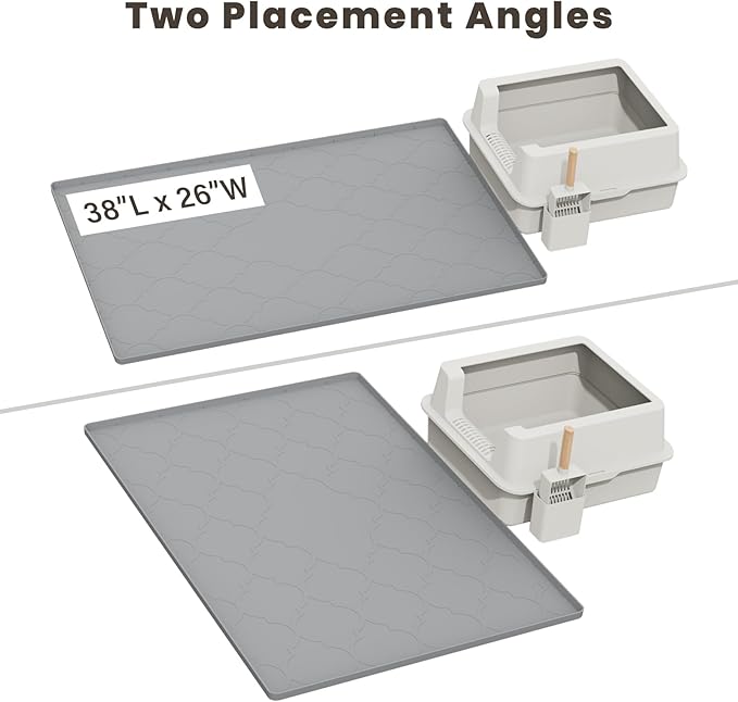 Cat Mat for Litter Box, 38" X 26" Large Silicone Cat Litter Trapping Mat, Easy Clean for Scatter Control, Soft on Kitty Paws, Waterproof, Urine-Proof, Non-Slip Kitty Litter Mat for Floor, Gray