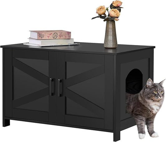 Homhedy Cat Litter Box Enclosure, Wooden Cat Washroom Furniture with Barn Door, Pet House, Fit Most of Litter Box, Black