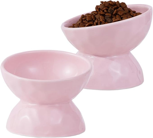 OMAYKEY Ceramic Raised Cat Bowls, Tilted Elevated Cat Food and Water Bowls, Pet Bowl Dish for Cats and Small Dogs, Pink, Set of 2