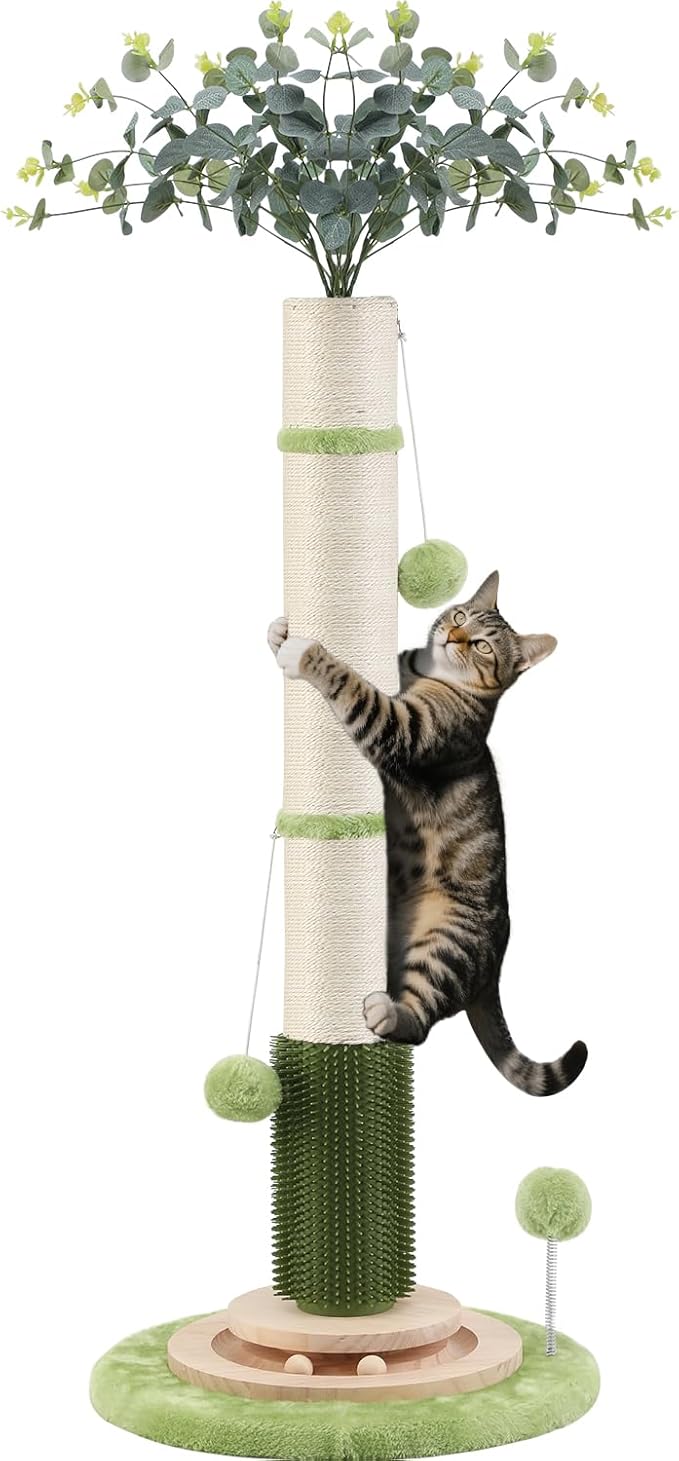 45'' Tall Cat Scratching Post,3.5Inch Diameter Sisal Rope Scratching Post for Indoor Cats Adults Kittens,Cat Scratcher with Interactive Ball Toys Self Groomer Brush for Large Cats