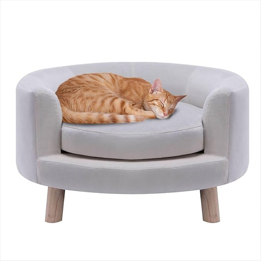 Critter Sitters 28-In. Elegant Circular Dog & Cat Sofa, Modern Elevated Pet Bed in Faux-Velvet White, Comfortable for Small to Medium-Sized Pets