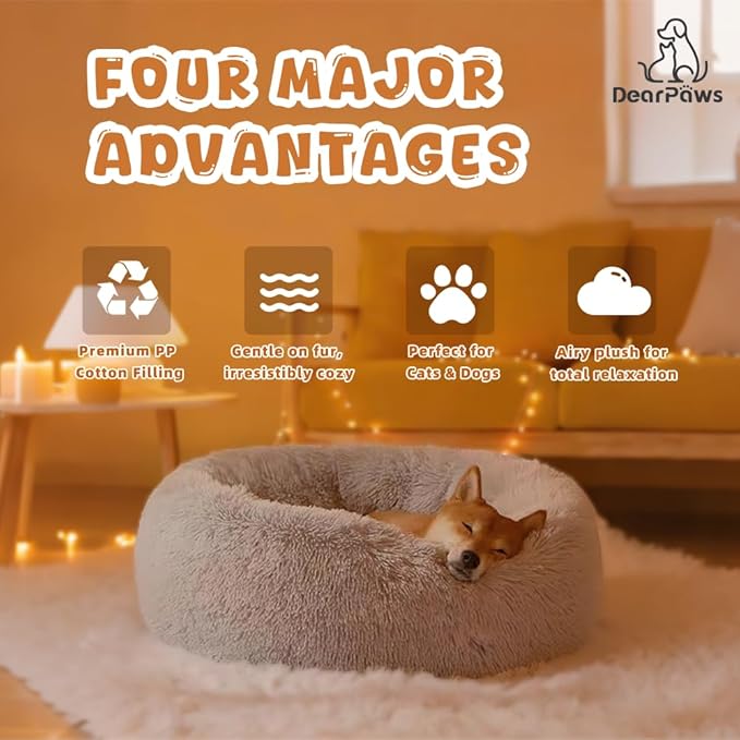 Comfy Dog Bed Large Size Dog - Donut Washable Large Pet Bed, 39 inches Anti-Slip Round Fluffy Plush Faux Fur Cat Bed, Fits up to 120 lbs Pets (Pink)