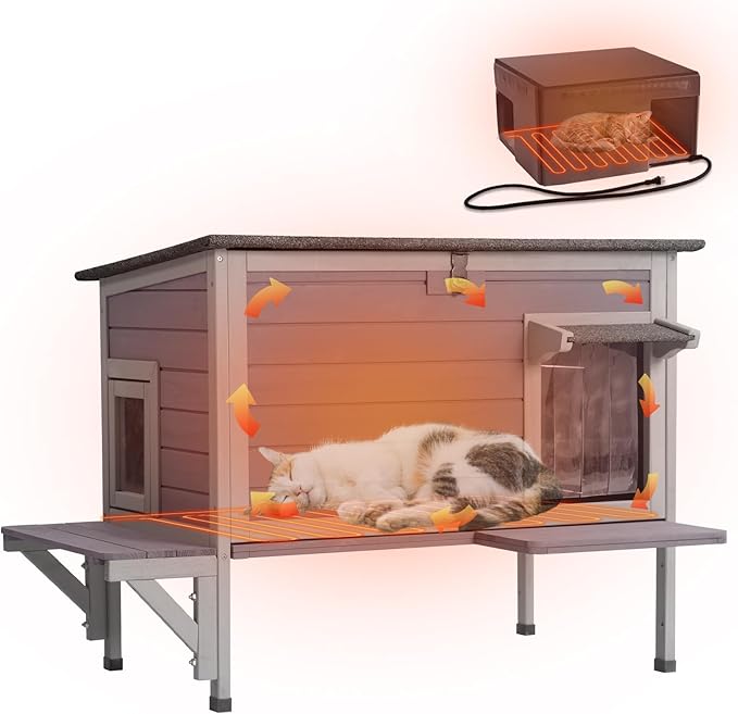 Insulated Heated Cat House for Winter, Outdoor Feral Cat Shelter with Weatherproof Design and Heated Liner
