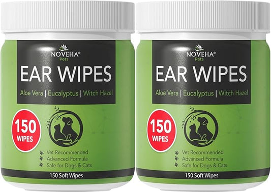 NOVEHA - Dog Ear Cleaner Wipes, Daily Ear Cleaner for Dogs & Cats - Stop Ear Itching with Aloe, Eucalyptus & Witch Hazel Ear Wipes for Dogs - for Odor Control, Dirt and Wax Removal, Unscented (300 Ct)