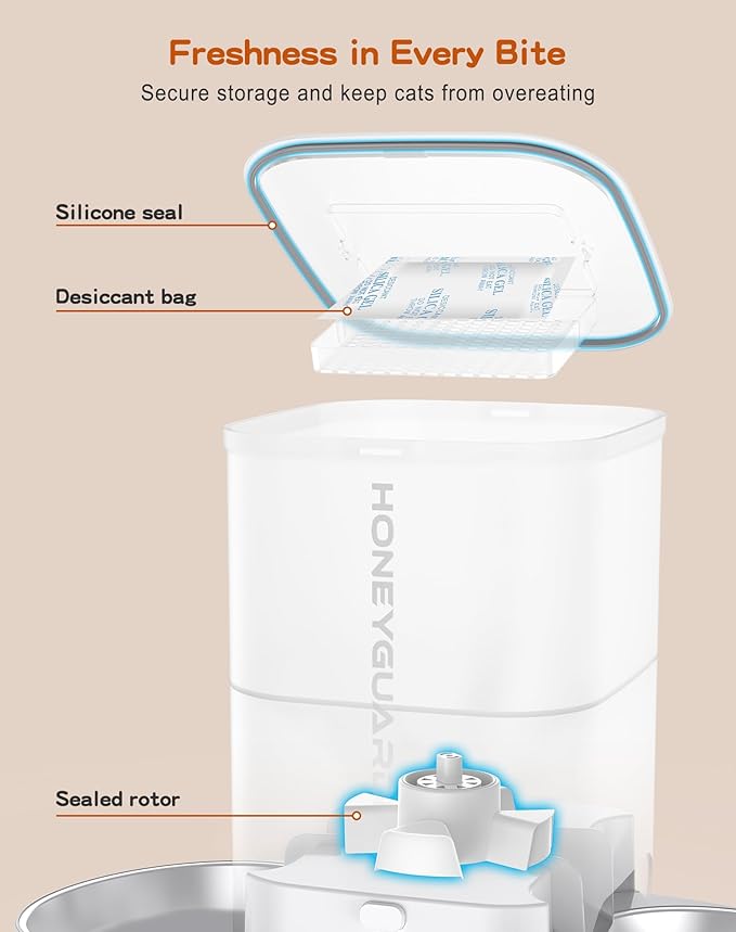 HoneyGuaridan Automatic Cat Feeder for Two,3.5L Cat Food Dispenser with Stainless Steel Bowl,Timed Feeder Programmable 1-6 Meals Control, Dual Power Supply,Desiccant Bag,10s Meal Call