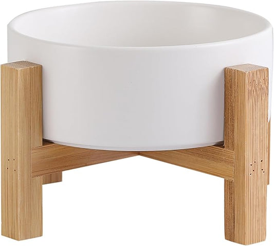 Elevated Ceramic Cat Bowl - Cat Food Bowl with Bamboo Stand - Raised Dog Dish for Puppies - Anti Vomiting, Stress Free - 13.5 oz / 400 ml - White