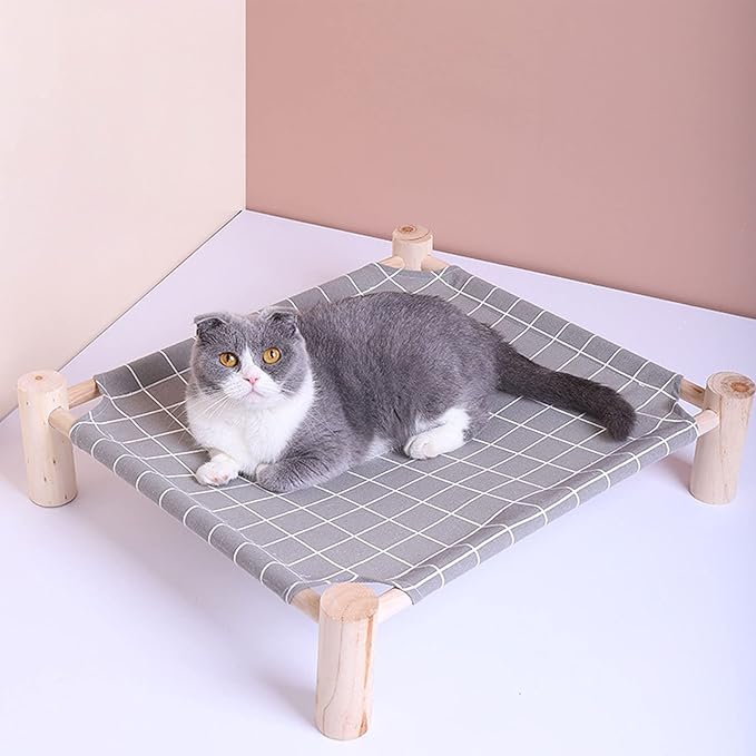 Pozico Elevated Cat Bed for Small Dogs & Cats – Raised Pet Hammock Bed, Wooden Frame Indoor Outdoor Dog Cot, Breathable Mesh Puppy Bed, Portable Cat Lounger – Grey Grid