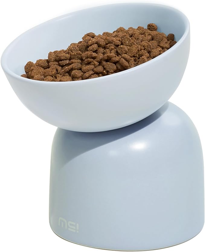 MS!MAKE SURE Cat Bowls, Ceramic Elevated Tilted Cat Bowls, Food and Water Bowls, Whisker Stress Free, 15°Tilted Backflow Prevention, Lead & Cadmium Free, 5.5" Wide, 270ML (9 oz), Blue