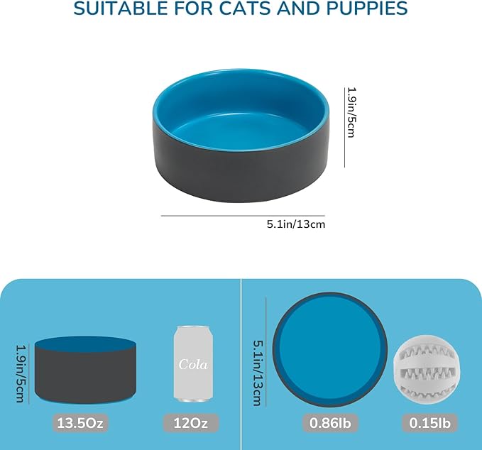 SPUNKYJUNKY 13.5OZ Ceramic Dog and Cat Bowl, Modern Cute Weighted Food Water Bowl for Replacement Blue-Grey (2 Pack)
