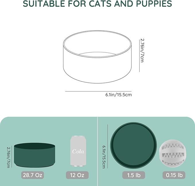 SPUNKYJUNKY 28.7OZ Ceramic Dog and Cat Bowl, Modern Cute Weighted Food Water Bowl for Replacement Green (1 Pack)