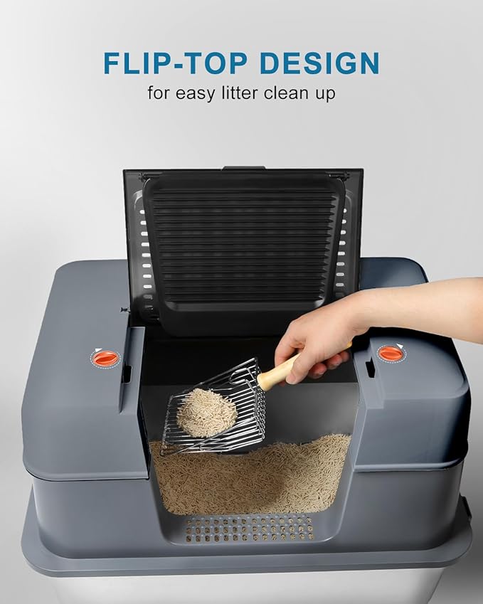 Stainless Steel Enclosed Cat Litter Box with Lid，Covered Metal Kitty Litter Box with Litter Mat and Odor Reduction Pack(2kg), Metal Scoop，Switchable Design, Easy Clean (Litter Box Grey)