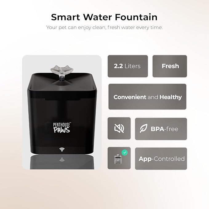 Smart WiFi Cat Water Fountain, App-Controlled Pet Drinking Dispenser 2.2L Tank, Ultra Quiet Automatic Indoor Fountain with 5-Stage Filtration & No-Whisker-Fatigue Bowl for Cats & Dogs