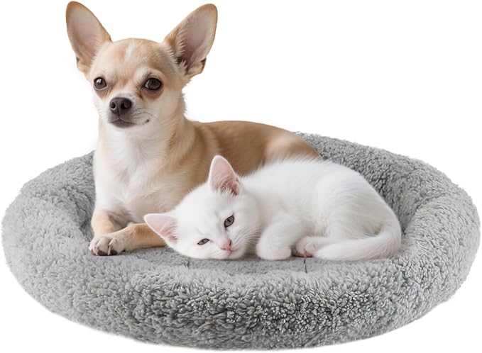 PETLESO Large Cat Bed Mat 19.5" Round Pad with Pillow Around, Soft Warm Plush Cushion for Small to Medium Dogs Cats Sleep/Nap, Neck Protection Mattress, Non-Slip Washable, Large