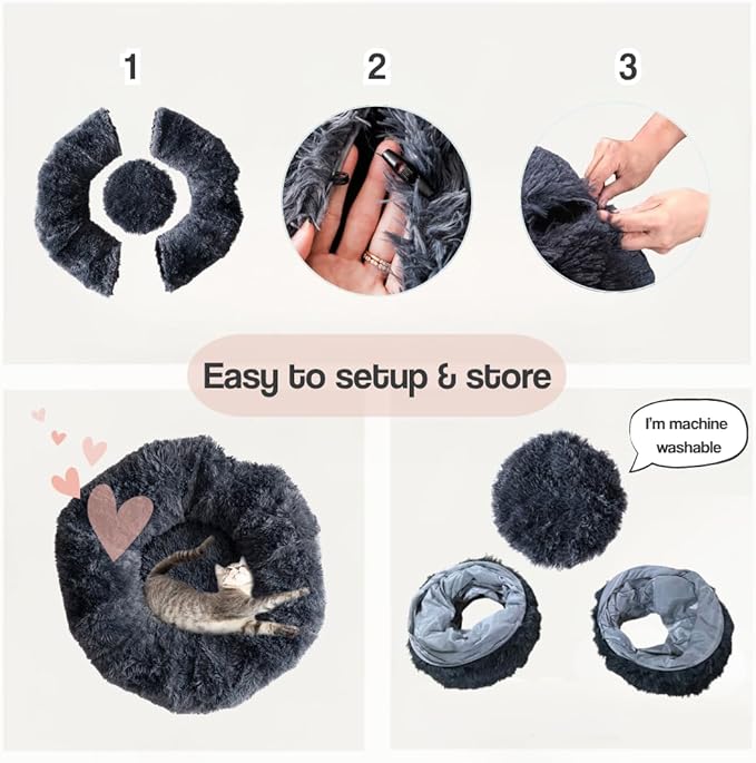 Cat Tunnels for Indoor Cats Large – Fluffy Donut Tunnel Bed with Soft Mat & Plush Toy – Peekaboo Cat Cave Bed for Napping & Play – Dark Gray, The Cat Park