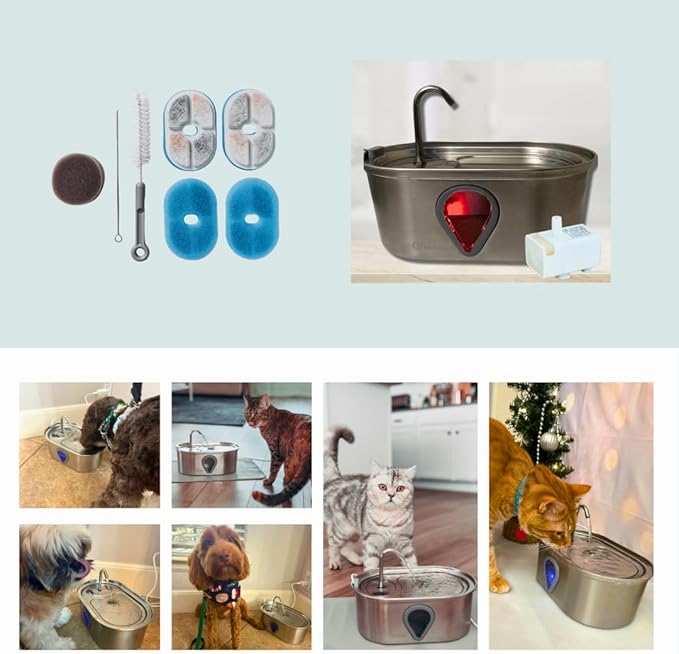 Stainless Steel Cat Water Fountain – 3.5L/118oz Automatic Pet Water Dispenser with LED Light, Quiet Pump, 4 Replacement Filters & Cleaning Brush – for Cats and Small Dogs